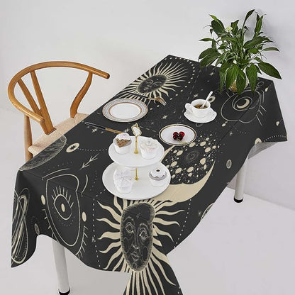 Sun Moon Tablecloth Boho Astrology Mystical Celestial Star Crescent Galaxy Space Table Cloth Water Resistant Wipeable Table Cover for Farmhouse Picnic Party Holiday Kitchen Dinner Table 60"x110"