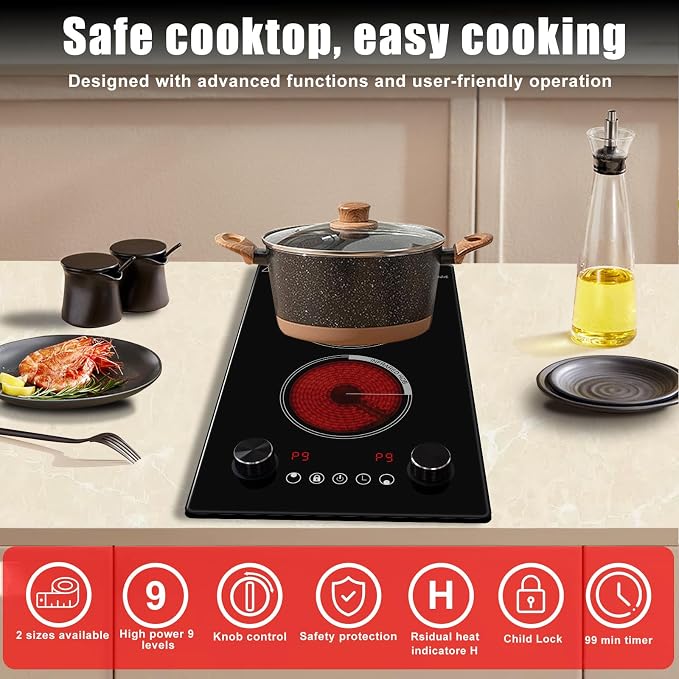 2 Burner Electric Cooktop,12 Inch Built-in Stove Top, 2200W,110V | Electric Cook Top, Knob Control, 9 Power Levels,Over-Temperature Protection