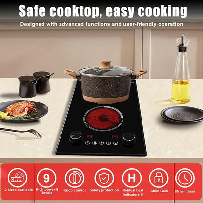 2 Burner Electric Cooktop,12 Inch Built-in Stove Top, 2200W,110V | Electric Cook Top, Knob Control, 9 Power Levels,Over-Temperature Protection
