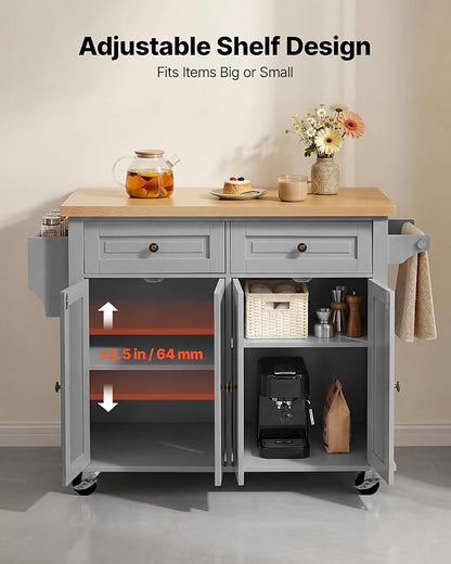VEVOR Kitchen Island Cart with Storage, 43.7 in Wide Mobile Rolling Storage Island on Swivel Wheels, with 2 Drawers, Storage Cabinet, Spice/Towel Rack, Hooks, Table for Home Dining Room, Gray