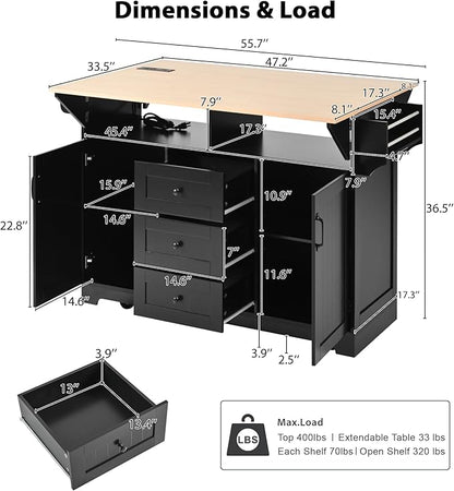 Merax 55.7" Upgraded Large Kitchen Cart Island on Wheels with 2 Drop Leaf,Power Outlet,3 Drawers,Wood Frame Storage Cabinet