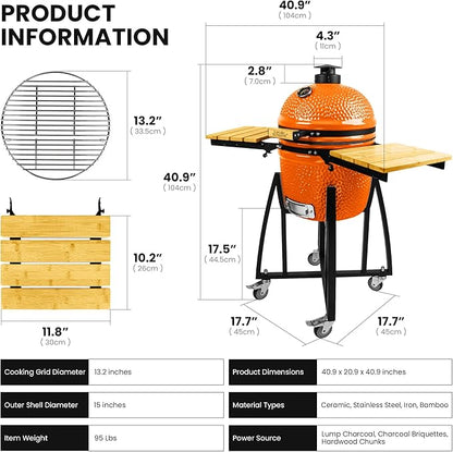 London Sunshine 15-inch Ceramic Kamado Charcoal BBQ Grill & Smoker with Locking Casters, Foldable Side Shelves, Stainless Steel Grates, and Tall Stand (Orange)