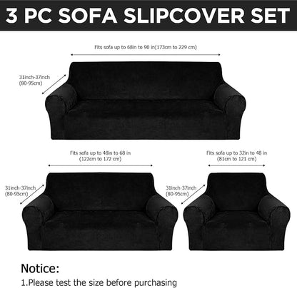 Peryiter 3 Pcs Couch and Loveseat Sofa Covers,Black,Velvet | Armchair Covers for Living Room, Sofa Cushion Slipcover, Furniture Protector, Polyester and Spandex, Washable