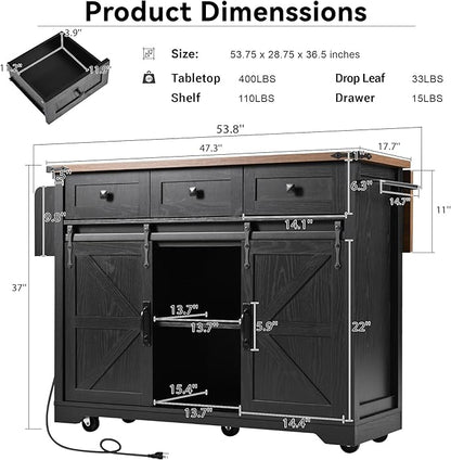 53.7" Farmhouse Kitchen Island with Power Outlet,2 Sliding Barn Door Storage w/Drop Leaf and Spice Rack Rolling Carts on Wheels & Metal Handle,for Home,Dining Room,Black, 50.25"