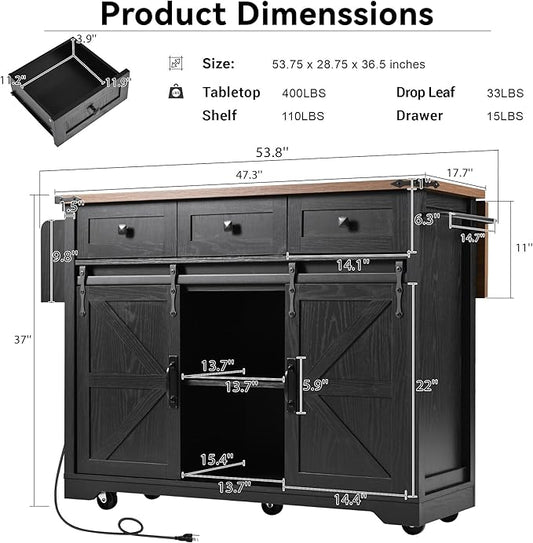 53.7" Farmhouse Kitchen Island with Power Outlet,2 Sliding Barn Door Storage w/Drop Leaf and Spice Rack Rolling Carts on Wheels & Metal Handle,for Home,Dining Room,Black, 50.25"