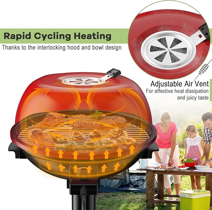 Giantex Electric Grill Indoor Outdoor, 1600W Portable Barbecue Grill with Removable Non-Stick Grilling Rack, Adjustable Temperature, Oil Drip Tray, for Picnic Camping Backyard Cooking (Red)