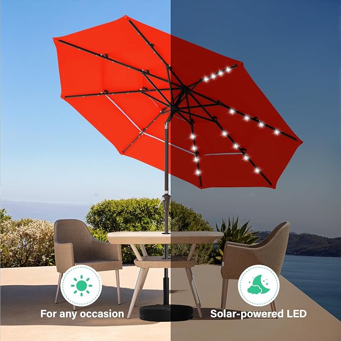 JEAREY 3 Tiers Patio Umbrella with Solar Lights 9ft Outdoor Market Table Umbrellas with Push Button Tilt for Outside Pool Garden, Orange | Solar Market Table Umbrella with 8 Sturdy Ribs, UV Protection Waterproof Sunproof for Garden, Deck and Backyard
