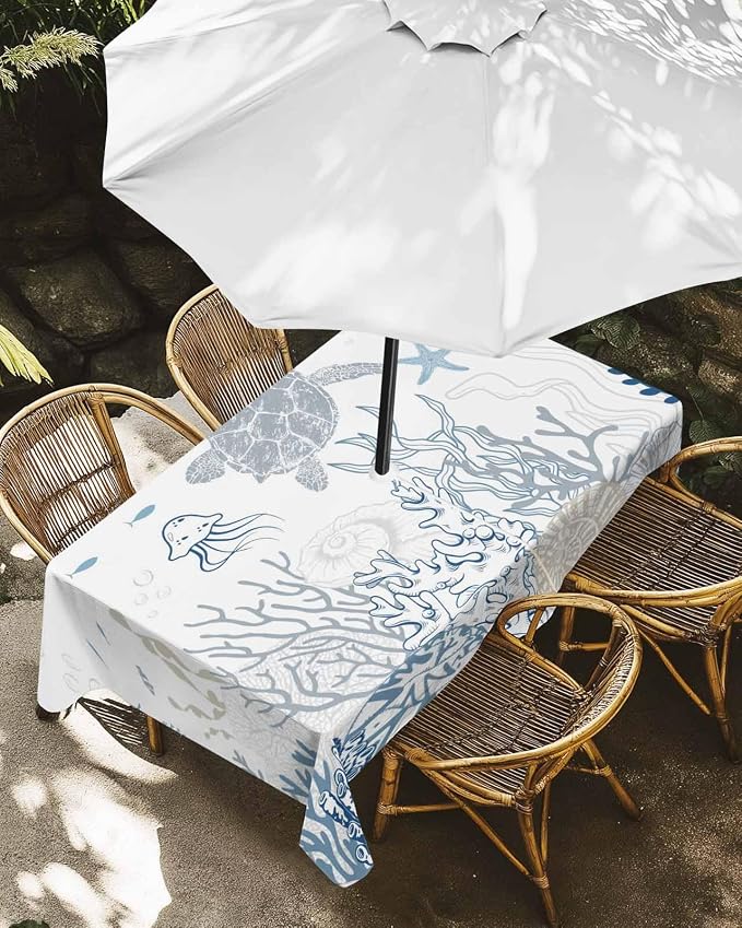 Blue Coastal Outdoor Tablecloth - 54x80 Inch Rectangle Waterproof Dining Table Cover, Nautical Summer Beach Sea Turtle Coral Outdoor Table Cloth with Umbrella Hole & Zipper for Picnic/Patio