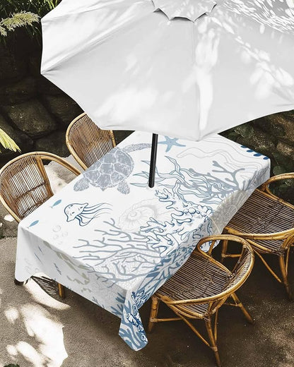 Blue Coastal Outdoor Tablecloth - 54x80 Inch Rectangle Waterproof Dining Table Cover, Nautical Summer Beach Sea Turtle Coral Outdoor Table Cloth with Umbrella Hole & Zipper for Picnic/Patio