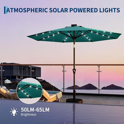 Garvee 10FT Solar Patio Umbrella with 32 LED Lights - Outdoor Table Umbrella with Crank Lift, Push Button Tilt and 8 Sturdy Ribs - Market Umbrella UV Protection for Pool, Deck, Yard, Garden -Sky Blue