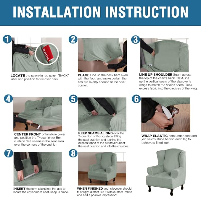 H.VERSAILTEX Wingback Chair Covers Velvet Plush Wing Chair Slipcover 1 Piece High Stretch Wing Back Chair Slipcovers Sofa Cover Furniture Cover with Elastic Bottom, Sea Grass