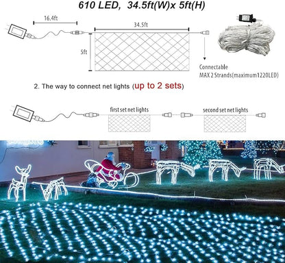 Pooqla Cool White Net Lights, 34.5X 5ft Christmas Lights Outdoor Clear Wire | 610 LED Large Net Mesh Lights Plug in, 8 Modes Waterproof Connectable Bushes Lights for Christmas Hedge Yard Decor