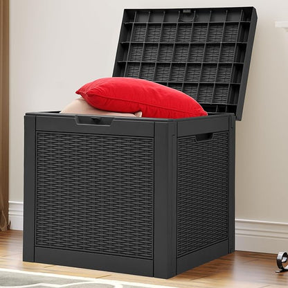 YITAHOME 32 Gallon Rattan Deck Box,Indoor Outdoor Storage Box for Patio Furniture,Pool Accessories, Cushions,Garden Tools, Sports Equipment, Waterproof Resin with Lockable Lid and Side Handles (Black)