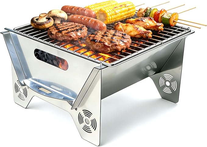 Portable Charcoal Grill for Camping, 2-in-1 Fire Pit with 304 Stainless Steel Grate, Paint-Free Galvanized Steel, Easy Assembly & Storage Bag for Backyard BBQ Picnic