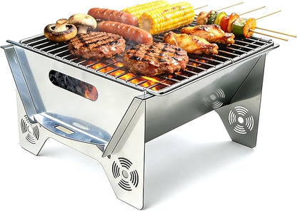 Portable Charcoal Grill for Camping, 2-in-1 Fire Pit with 304 Stainless Steel Grate, Paint-Free Galvanized Steel, Easy Assembly & Storage Bag for Backyard BBQ Picnic