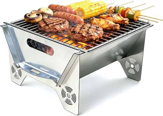 Portable Charcoal Grill for Camping, 2-in-1 Fire Pit with 304 Stainless Steel Grate, Paint-Free Galvanized Steel, Easy Assembly & Storage Bag for Backyard BBQ Picnic