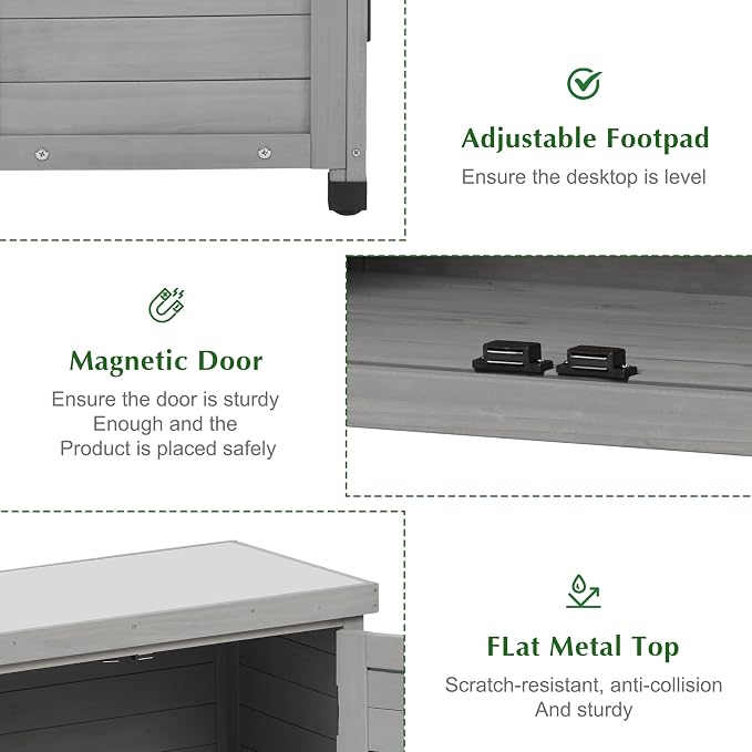 Outdoor Storage Cabinet & Potting Bench Table with Metal Top, Wooden Patio Furniture, Garden Workstation (Classic Grey, 36x31x17in)