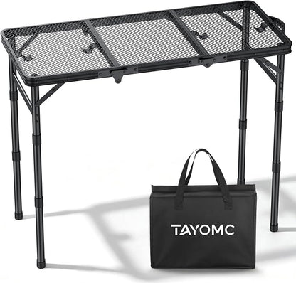 3ft Folding Grill Table, Heat-Resistant Tabletop 3 Heights 27.5" | Aluminum Camping Table, Waterproof & Easy to Clean, Lightweight, Portable Handle for Cooking BBQ Patio, 35" x 16", Black