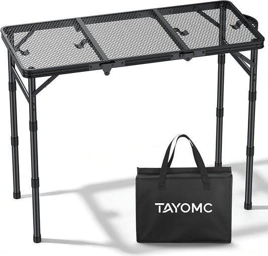 3ft Folding Grill Table, Heat-Resistant Tabletop 3 Heights 27.5" | Aluminum Camping Table, Waterproof & Easy to Clean, Lightweight, Portable Handle for Cooking BBQ Patio, 35" x 16", Black