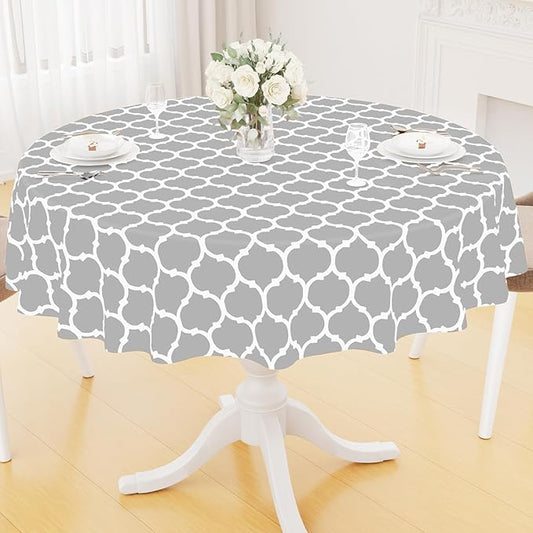 Smiry Round Plastic Table Cloth, Waterproof Vinyl Tablecloth with Flannel Backing for Round Tables, Wipeable & Spillproof for Dining, Camping, Indoor and Outdoor (60" Round, Light Grey)