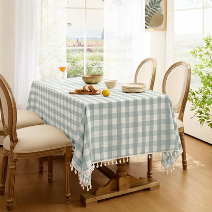 Softalker Checkered Tablecloth Square, Outdoor Linen Cotton Gingham Table Cloth with Tassel, Heavy Duty Wrinkle Free Buffalo Plaid Table Cover for Kitchen Dining Summer Party - 55 x 55 Inch, Aqua