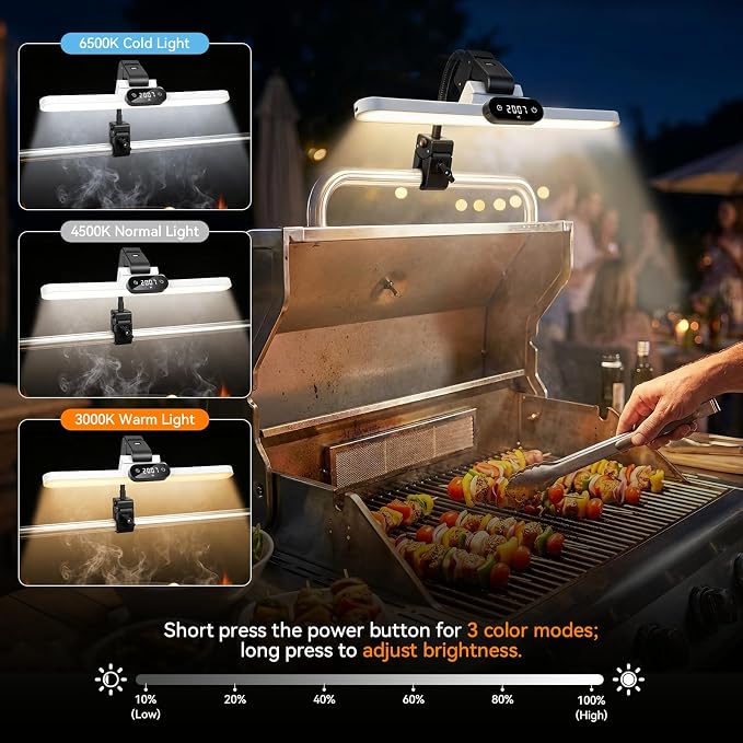 BBQ Grill Light, Rechargeable LED Grill Lamp with Digital BBQ Timer Clock, 3 Color Modes & Adjustable Brightness, Fits Blackstone, Weber & Smoker, Perfect Grilling Gifts