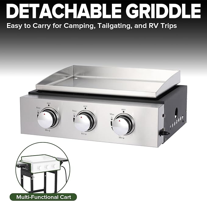 3-Burner Flat Top Grill with Folding Side Tables, Outdoor Griddle Grill with Storage Cover, 30,000 BTU Flat Grill with Stainless Steel Cooking Surface for BBQ, Camping, Tailgating