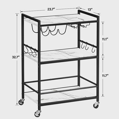 TUTOTAK Bar Cart with Wheels, Drink Cart with Wine Rack and Glass Holder | 3-Tier 23.7 Inch Wide Home Bar Serving Carts, Small Mobile Kitchen Shelf with 6 Hooks, Marble White BC01BM030