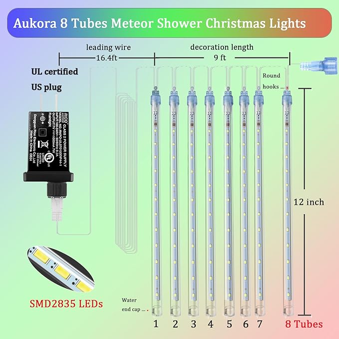 Aukora Christmas Lights Outdoor Meteor Shower Lights 12 inch 8Tubes 192LED UL Certified Falling Rain Drop Snow Icicle String Light for Xmas Tree Christmas Decorations Party Wedding Holiday Yard Blue