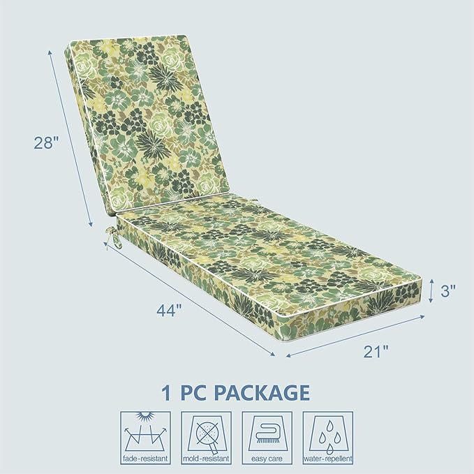 LVTXIII Outdoor Chaise Lounge Cushion 72x21x3 Inch, Water-Repellent Patio Seat Cushion with Ties & Hidden Zipper, Thick Foam Pad for Lawn Chair, Poolside, Patio Furniture, Green Rose