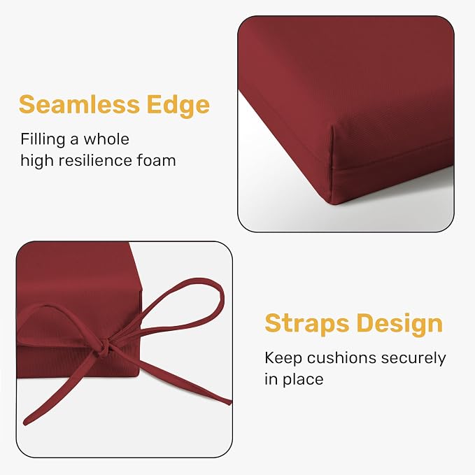 UNIKOME Outdoor Chair Cushions Pack of 4, Water Resistant Patio Cushions with Ties, High Density Sponge Filling Square Corner Seat Cushions for Outdoor Furniture, 19"*19"*3", Wine