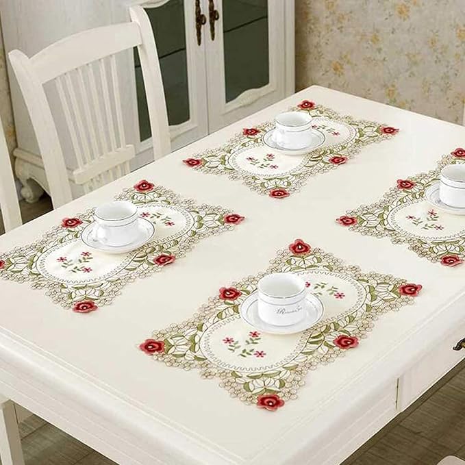 LeLehome Set of 4 Flower Embroidered Placemats, Oblong Red Rose Lunchmats Place Mats, Home Kitchen Dining Restaurant Party Indoor Decor Table Mats, 18 Inch X 12 Inch