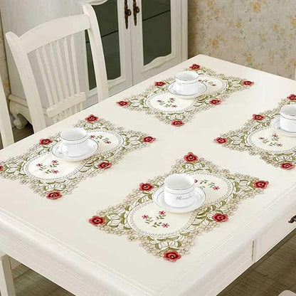 LeLehome Set of 4 Flower Embroidered Placemats, Oblong Red Rose Lunchmats Place Mats, Home Kitchen Dining Restaurant Party Indoor Decor Table Mats, 18 Inch X 12 Inch