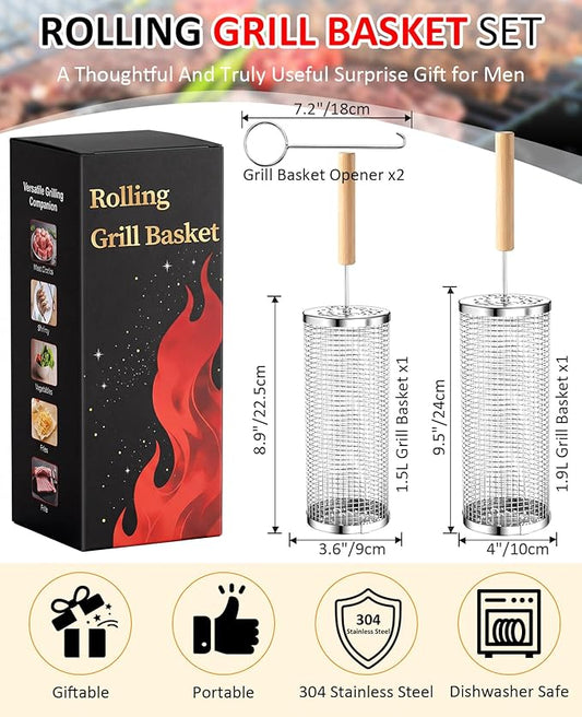 Rolling Grill Basket, Fathers Day Gifts for Dad Husband, Removable Wooden Handle, 304 Stainless Steel, Nesting BBQ Tools for Vegetable, Outdoor Smoker Camping Accessories, Grill Gift for Men Birthday
