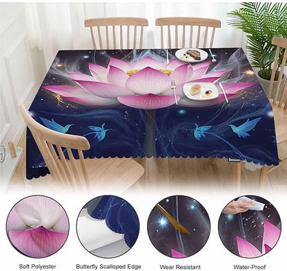 Lotus Rectangle Tablecloth 52x70 Inch Magic Water Lotus Flowers Sparkle Blue Dining Table Cloth Table Cover for Home Kitchen Restaurant Party Buffet Picnic, 4-6 Seats