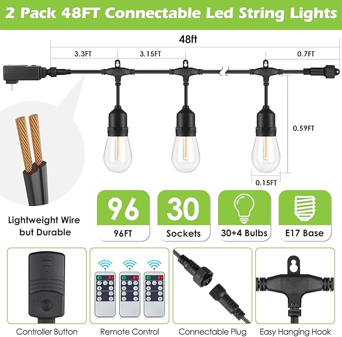 Larkvue 96FT(2 * 48FT) Outdoor String Lights with Remote, Dimmable Patio Lights with 30+4 Bulbs 3 Modes 4 Level Timers for Balcony Porch, Black 2 Pack