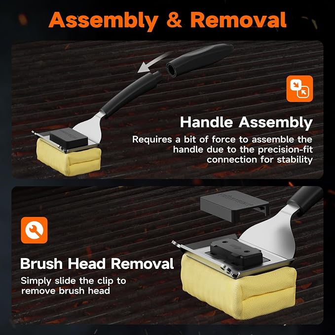 Bristle-Free Grill Brush with Heat-Resistant Kevlar Fiber Head, Black | Steam Cleaning, Replaceable No-Wire Head, 17" Handle, 4-in-1 Scraper, for Porcelain/Ceramic/Stainless Steel/Cast Iron Grate