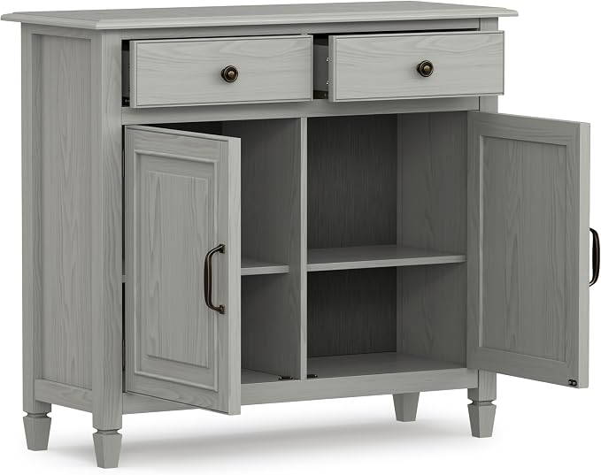 SIMPLIHOME Connaught 40" Wide Solid Wood Cabinet in Fog Grey | Traditional slim entryway and living room organizer for hats, gloves, shoes and keys with space-saving storage design.