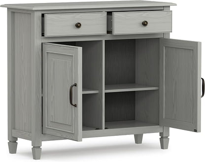 SIMPLIHOME Connaught 40" Wide Solid Wood Cabinet in Fog Grey | Traditional slim entryway and living room organizer for hats, gloves, shoes and keys with space-saving storage design.