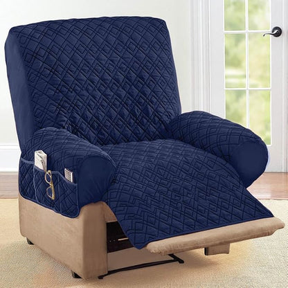 Collections Etc Diamond-Shape Quilted Stretch Recliner Cover with Storage Pockets and Elastic Straps - Furniture Protector | Storage Pockets and Elastic Straps - Furniture Protector
