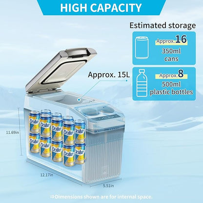 12 Volt Center Console Fridge,Car Refrigerator 16QT(15L) Cooler (-4℉-50℉),Car Refrigerator RV Fridge,Portable Electric Cooler with 12/24V DC&110V AC, For MPV,RV,Van