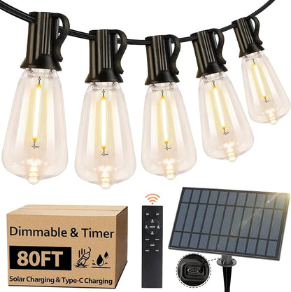 Solar Outdoor String Lights Waterproof, 80FT Dimmable ST38 LED Light String | Solar Powered String Lights for Outside with Shatterproof Bulbs, Patio Hanging Lights for Backyard Garden Party