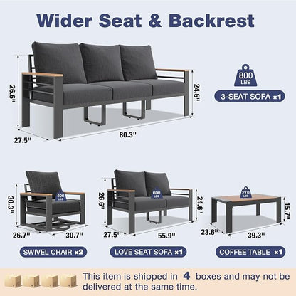 Aoxun Aluminum Patio Furniture Set 7 Seats with Rocking Chair, Oversized Outdoor Sectional with Washable Thick Cushions, Coffee Table, Patio Conversation Sets for Porch, Balcony, Deck,Dark Gray
