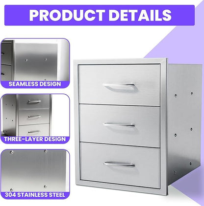 Modular Outdoor Kitchen Drawer Cabinet 18" x 23" x 23", Stainless Steel Cabinet with 3 Drawers, Outdoor Kitchen Cabinets Flush Mount for BBQ Island & Grill