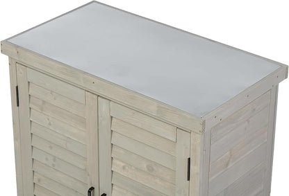 KEIKI Outdoor Potting Bench with Storage Cabinet & Metal Table Top, Weatherproof Garden Workstation, Hemlock Wood