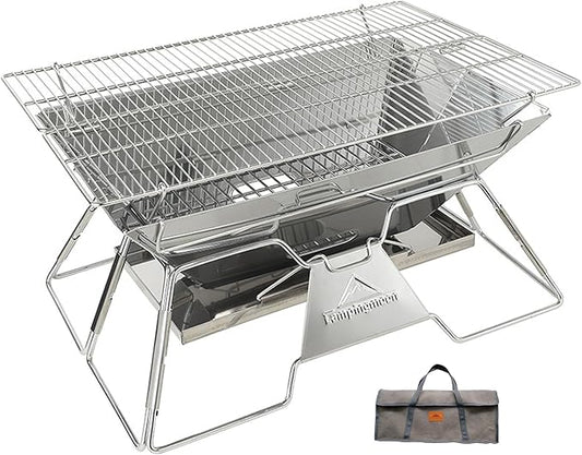 CAMPINGMOON Large Portable Campfire Fire Pit BBQ Grill Stainless Steel Foldable Collapsible Wood Burning Charcoal Grill for Heavy Duty Outdoor Cooking RV Camping, 20x13-inch, Carry Bag included MT-3