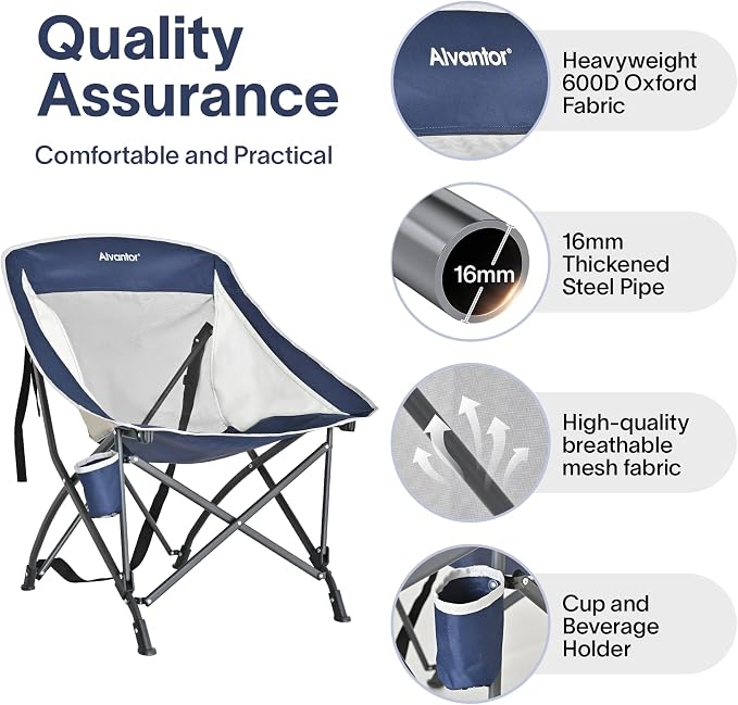 Alvantor 2PC Folding Camping Chair with Breathable Mesh,Portable Outdoor Chair for Adults, Heavy Duty Steel Frame Supports 250 lbs,Built-in Cup Holder,Carry Strap for Camping Beach Sports Tailgating
