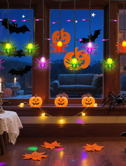 7Ft Halloween Spider Curtain String Lights Outdoor Waterproof, 25LED Plug-in Halloween Decorations with 10 Colorful Spider Lights, Spooky Party Decor for Haunted House, Patio, Porch, Yard, Window