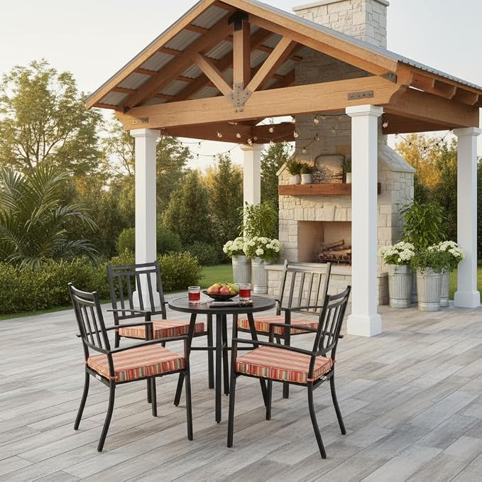 Outdoor 18 inch Square Patio Dining Chair Pads – Comfortable Fiber-Filled Seat Cushions with Ties, Reversible Polyester Fabric - Watermelon Stripe, Set of 4