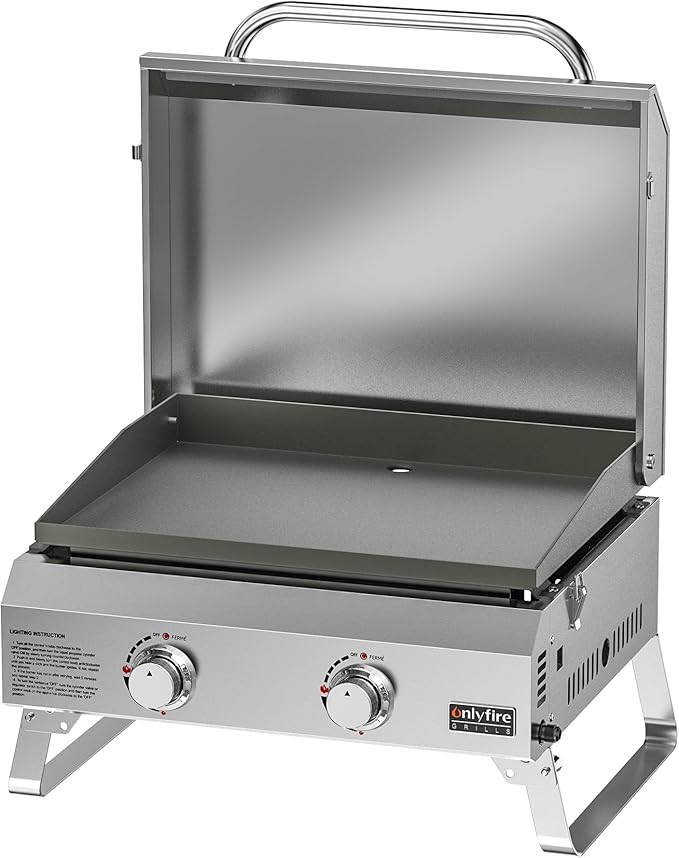 ONLYFIRE GRILLS Tabletop Gas Griddle with Foldable Legs, 2-Burner BBQ Propane Flat Top Griddle, Portable Gas Stove for Outdoor Cooking Patio Party Camping Tailgating RV, Stainless Steel, GS318